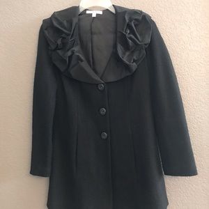 CAbi Black Satin Ruffle Collar Sweater Coat